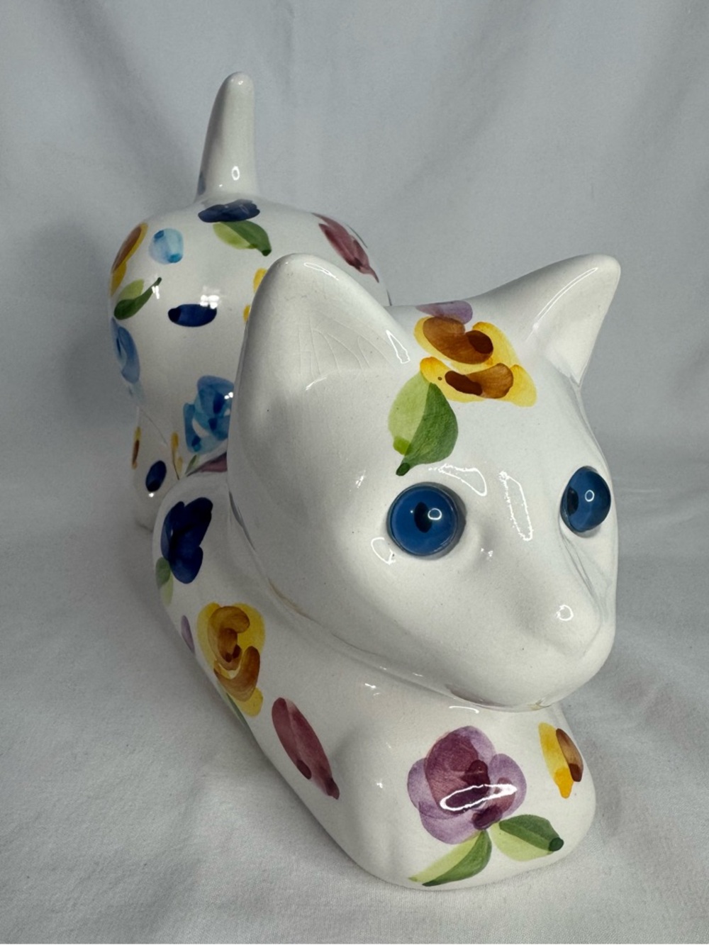 Vintage Floral Cat 10" Figurine Hand Painted Bright Blue Eyes Portugal Pottery - Picture 2 of 14